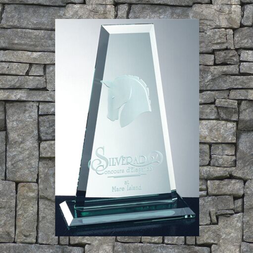 Trapezoid trophy with horse etching